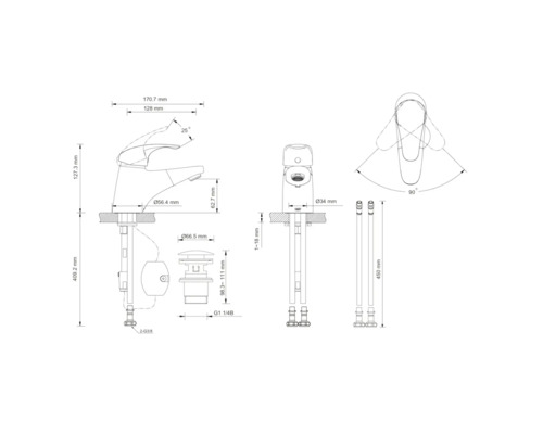 Maßzeichnung einer Armatur mit den zugehörigen Maßen.