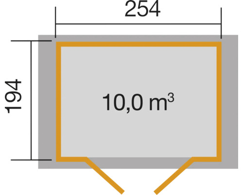 Grundrisszeichnung mit den Maßen 254 mal 194 und 10 Kubikmeter