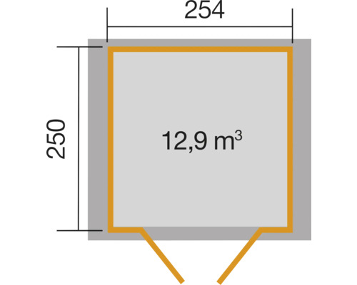 Grundrisszeichnung mit den Maßen 250 mal 254 Zentimeter und einem Raumvolumen von 12,9 Kubikmetern