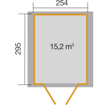 Grundrisszeichnung mit Maßangaben 254 x 295 cm und 15,2 Kubikmeter Rauminhalt
