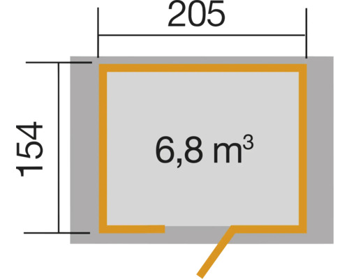 Grundriss mit den Maßen 205 mal 154 und einem Volumen von 6,8 Kubikmetern