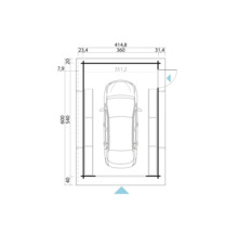 Grundriss einer Garage mit Abmessungen und einem Auto darin