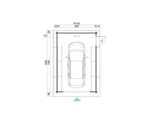 Grundriss einer Garage mit den Maßen 414,8 mal 600 Zentimeter
