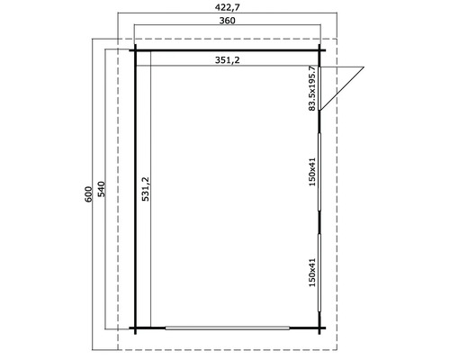 Grundrisszeichnung einer Gartenlaube mit Maßangaben.
