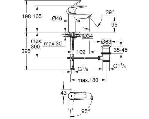 Technische Zeichnung einer Waschtischarmatur mit Maßangaben