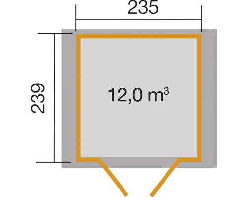 Grundriss mit den Maßen 235 mal 239 und Volumen 12 Kubikmeter
