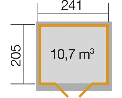 Grundrisszeichnung mit Maßangaben 241 x 205 und Volumen 10,7 Kubikmeter