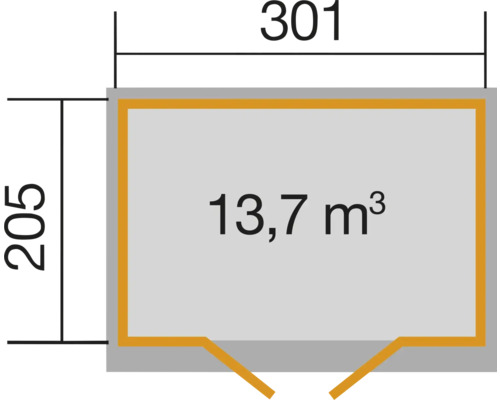 Grundrisszeichnung mit den Maßen 301 mal 205 und einem Volumen von 13,7 Kubikmeter.