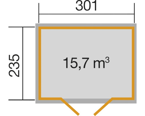 Grundriss mit den Maßen 301 mal 235 Zentimeter und einem Volumen von 15,7 Kubikmetern