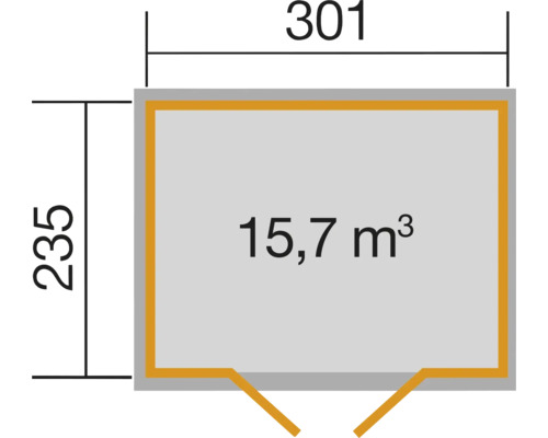 Grundrisszeichnung mit den Maßen 301 mal 235 und einem Volumen von 15,7 Kubikmetern
