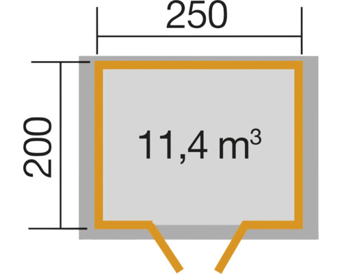 Grundriss mit Maßangaben: 250 mal 200, 11,4 Kubikmeter Rauminhalt