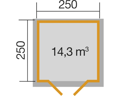 Grundriss eines Gartenhauses mit den Maßen 250 mal 250 und einem Volumen von 14,3 Kubikmetern