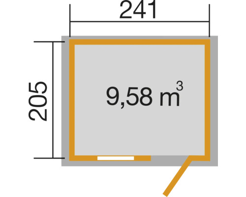 Grundrisszeichnung mit den Maßen 241 x 205 und einem Volumen von 9,58 Kubikmetern