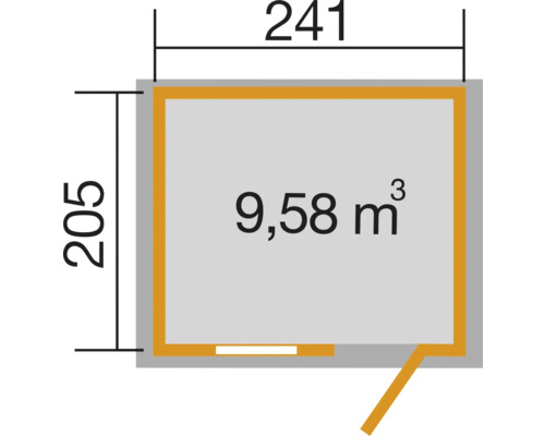 Grundriss mit Abmessungen 241 x 205 cm und Volumen 9,58 Kubikmeter