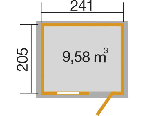 Grundriss mit Maßangaben: 241 mal 205 und 9,58 Kubikmeter Volumen