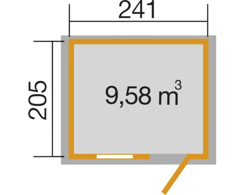Grundriss mit den Maßen 241 mal 205 und einem Volumen von 9,58 Kubikmeter