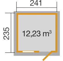 Grundriss mit Maßangaben 241 x 235 Zentimeter und Angabe der Kubikmeter