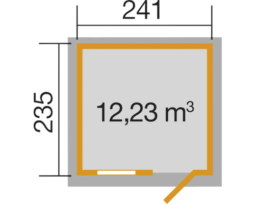 Grundriss mit den Maßen 241 mal 235 und 12,23 Kubikmeter Rauminhalt