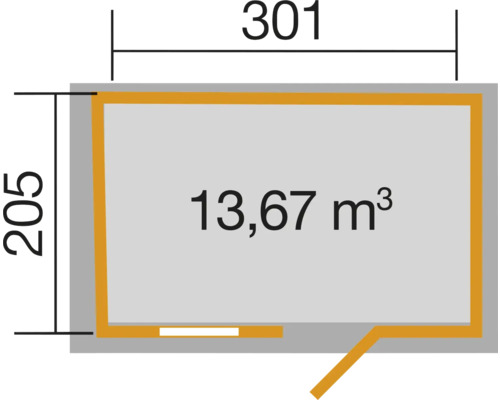 Grundrisszeichnung mit den Maßen 301 mal 205 und einem Volumen von 13,67 Kubikmetern