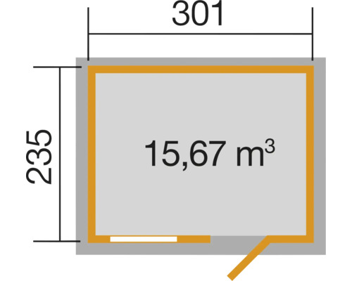 Grundriss mit Abmessungen: 301 x 235 Zentimeter, Volumen 15,67 Kubikmeter
