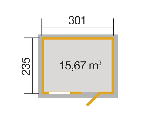 Grundriss mit den Maßen 301 mal 235 und 15,67 Kubikmeter Rauminhalt