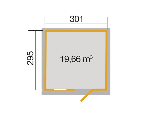 Grundrisszeichnung mit den Maßen 301 mal 295 Zentimeter und einem Rauminhalt von 19,66 Kubikmeter