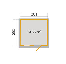 Grundriss mit den Maßen 301 x 295 cm und einem Rauminhalt von 19,66 Kubikmeter