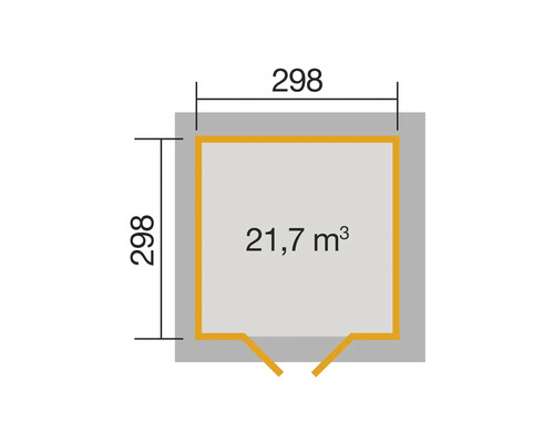 Grundrisszeichnung eines Gartenhauses mit den Maßen 298 mal 298 und einem Volumen von 21,7 Kubikmetern