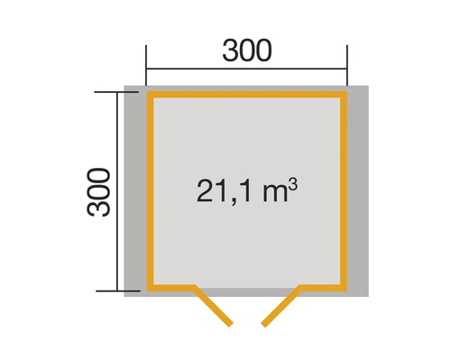 Grundriss mit den Maßen 300 mal 300 und einem Volumen von 21,1 Kubikmeter