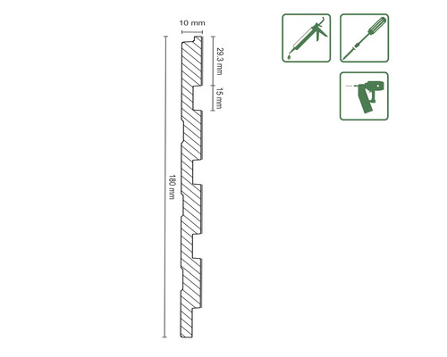 Technische Zeichnung einer Sockelleiste mit den Maßen 180 Millimeter Länge, 10 Millimeter Dicke und 29,3 Millimeter Breite