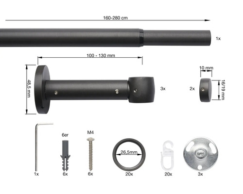 Gardinenstange mit Zubehör und Maßangaben