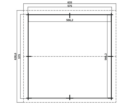 Grundrisszeichnung eines Gartenhauses mit Maßangaben