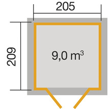 Grundriss mit den Maßen 205 mal 209 Zentimeter und einem Volumen von 9,0 Kubikmeter