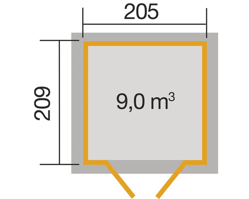 Grundriss mit den Maßen 205 mal 209 Zentimeter und einem Volumen von 9,0 Kubikmeter