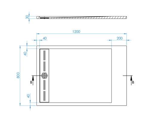 Technische Zeichnung einer Duschwanne mit den Maßen 1200 x 800 mm.