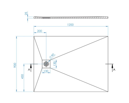 Technische Zeichnung einer Duschwanne mit Abmessungen