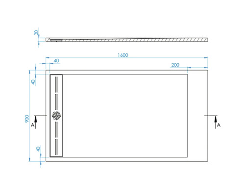 Technische Zeichnung einer Duschwanne mit Maßangaben.