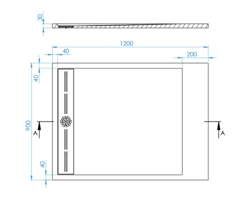 Technische Zeichnung einer Duschwanne mit den Maßen 1200 x 900 Millimeter.