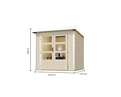 Gartenhaus aus Holz mit Doppeltür und Maßangaben