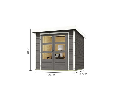 Gartenhaus aus Holz mit Doppeltür und den Maßen 209 cm Höhe, 213,5 cm Breite und 217,5 cm Tiefe.