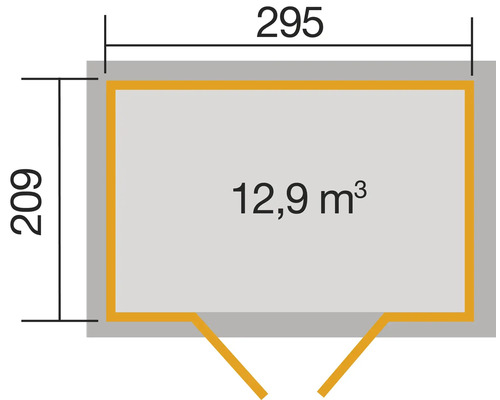 Grundriss mit den Maßen 295 mal 209 Zentimeter und einem Volumen von 12,9 Kubikmetern