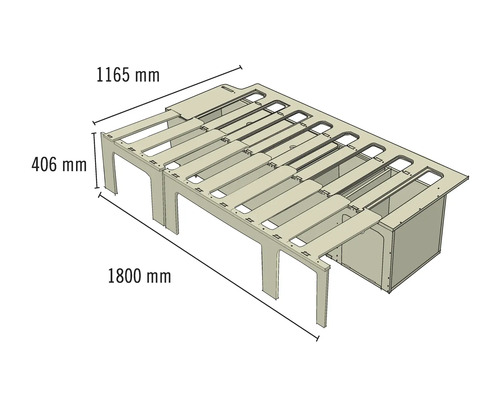 Darstellung eines modularen Regalsystems mit Abmessungsangaben.