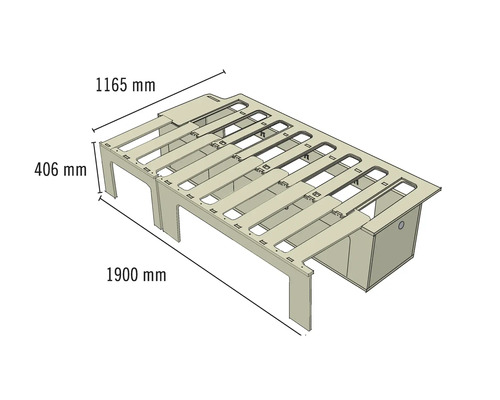 Bettgestell mit den Maßen 1900 mm Länge, 1165 mm Breite und 406 mm Höhe.
