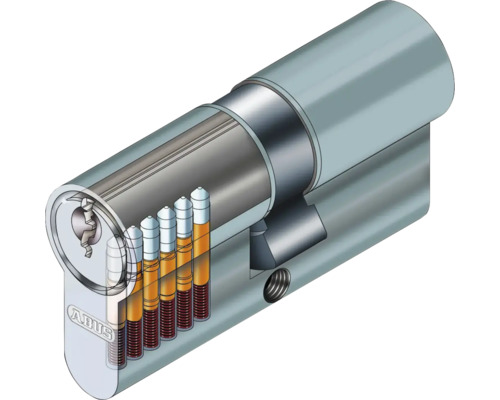 Schnittdarstellung eines ABUS Türzylinders, der innere Mechanismen zeigt