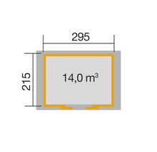 Grundriss mit den Maßen 295 mal 215 Zentimeter und einem Volumen von 14 Kubikmetern