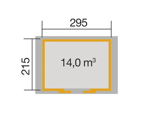 Grundrisszeichnung mit Abmessungen 295 mal 215 Zentimeter und 14 Kubikmeter Rauminhalt