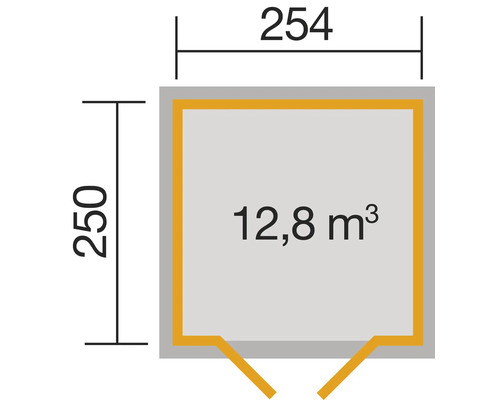 Grundrisszeichnung mit Maßangaben 254 x 250 cm und Volumen 12,8 Kubikmeter