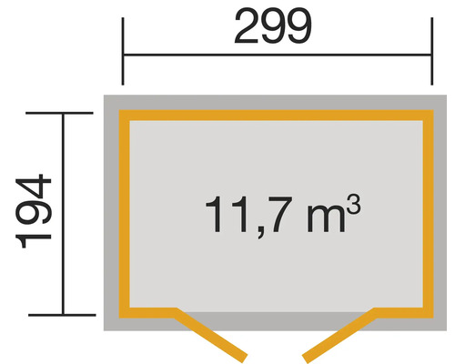 Technische Zeichnung mit Maßen: 299 x 194 und 11,7 Kubikmeter