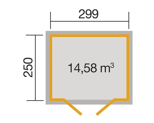 Grundrisszeichnung eines Gartenhauses mit den Maßen 250 x 299 Zentimeter und einem Volumen von 14,58 Kubikmetern