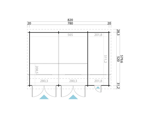 Grundrisszeichnung eines Gartenhauses mit Bemaßung